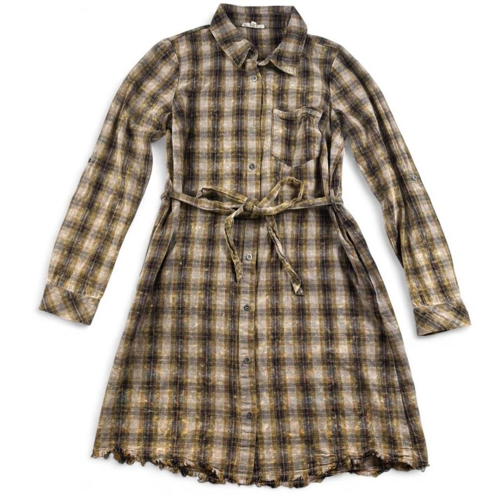 Mystree Women's Brown Plaid Button-Up Tie Waist Dress | Size Small